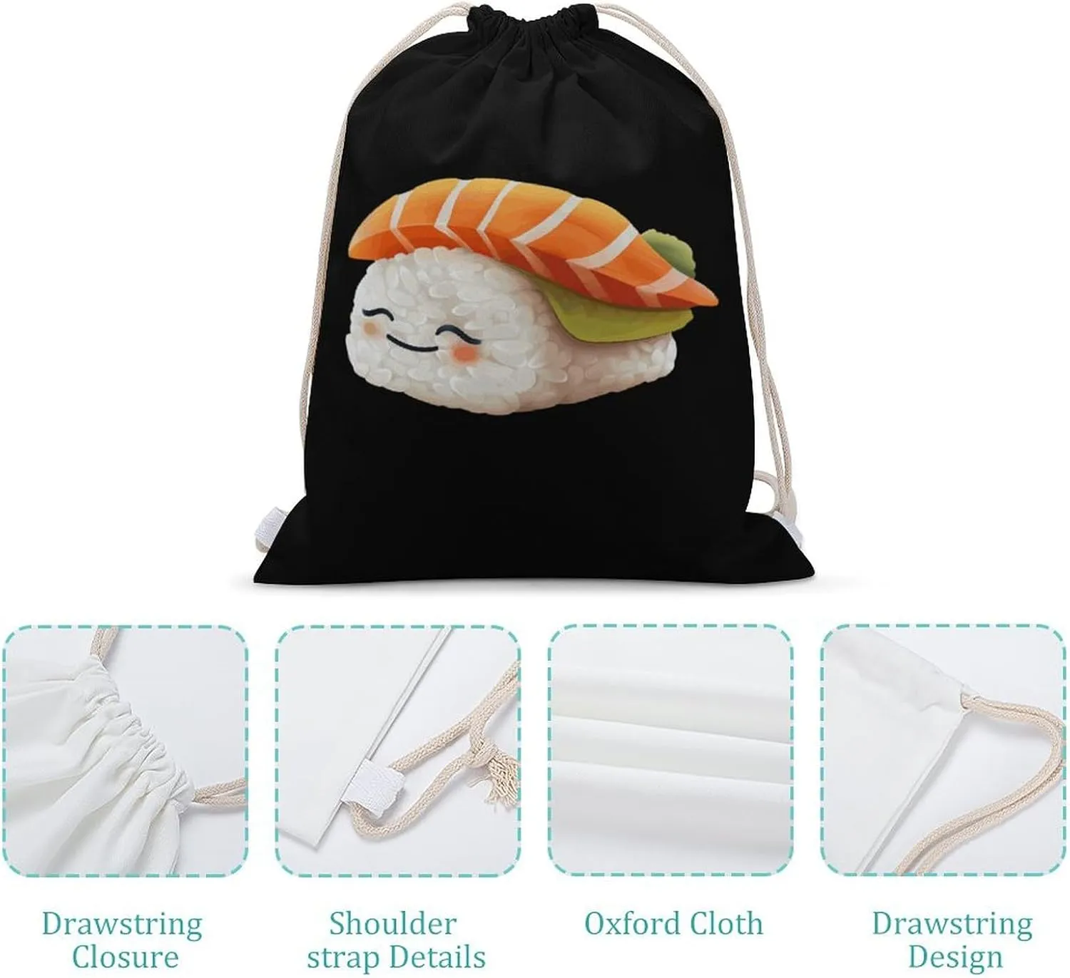 Cute Sleeping Japanese Sushi Drawstring Backpack Lightweight Sports Gym Bag String Bag for Men Women 35x50cm