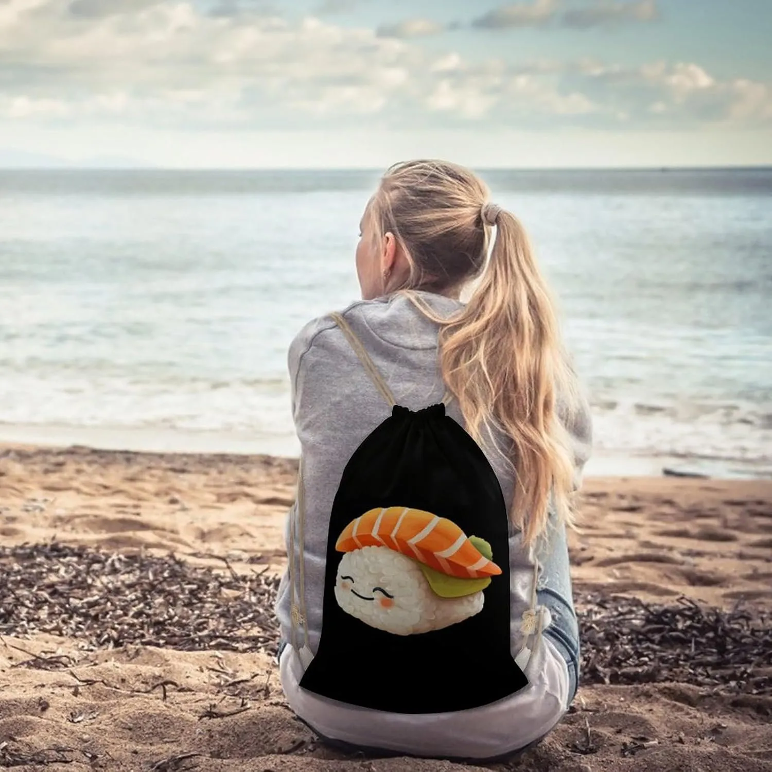 Cute Sleeping Japanese Sushi Drawstring Backpack Lightweight Sports Gym Bag String Bag for Men Women 35x50cm