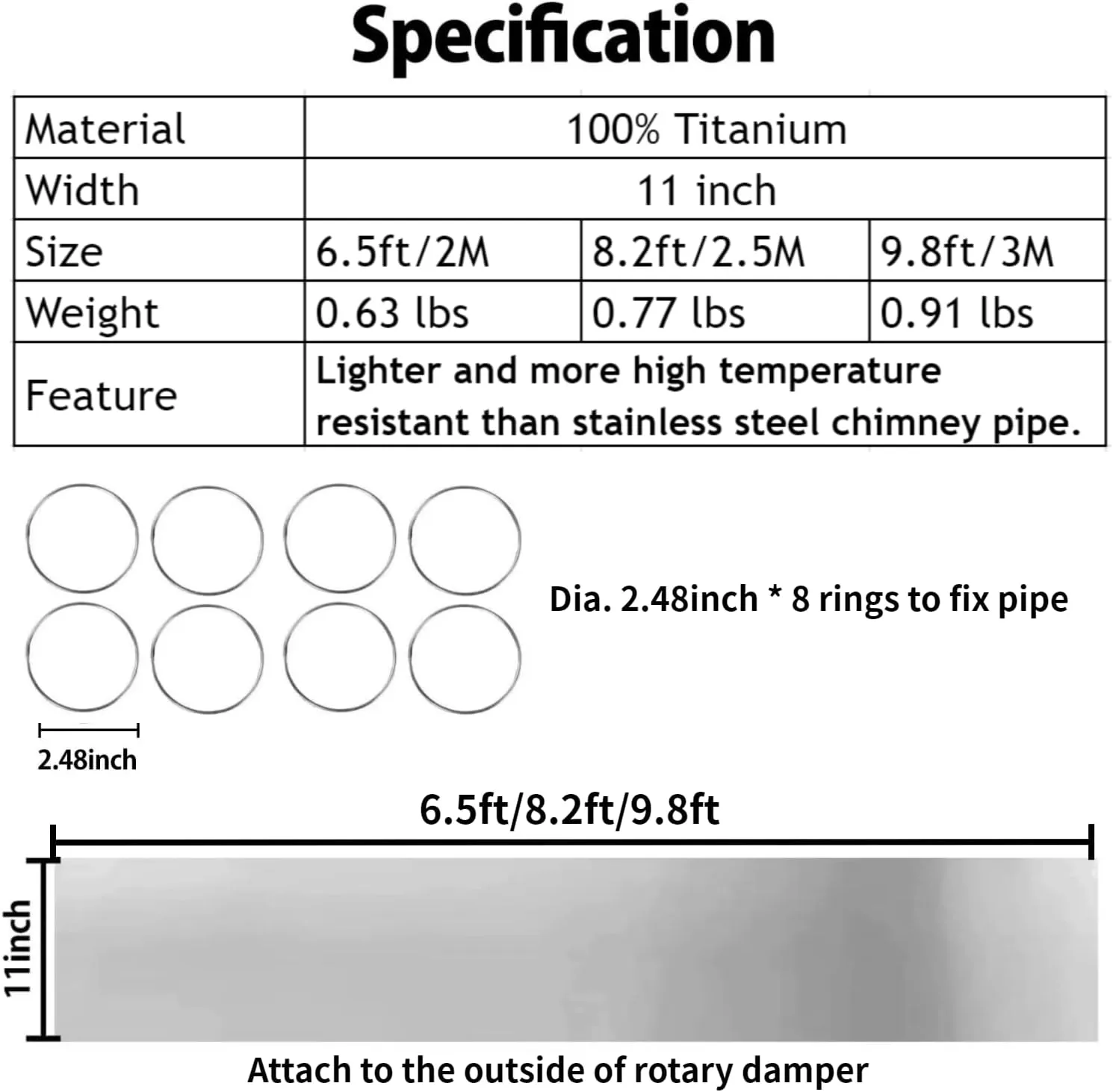 DANCHEL OUTDOOR Roll up Titanium Stove Pipe Ultralight,Camping Wood Stove Chimney Pipe with Rings, Hot Tent Accessories Replacement Flue 2.36’’ Dia, 11'' Wide, 8.2ft/2.5M Length