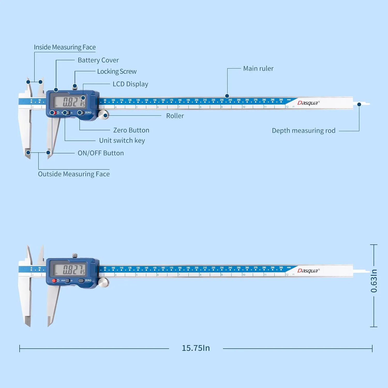 Dasqua High Precision 12 Inch/300mm Electronic Micrometer Digital Caliper Stainless Steel with Large LCD Screen Auto Off Featured Measuring Tool