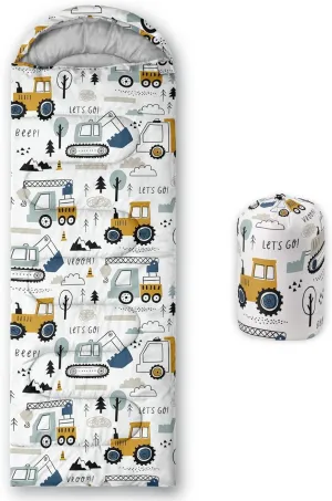 Datura home Kids Sleeping Bag for Boys Girls,Construction Truck Print-Lightweight Warm Portable Outdoor Indoor-Waterproof Cold Weather Resistant Sleeping Bag for Camping Hiking(Truck)