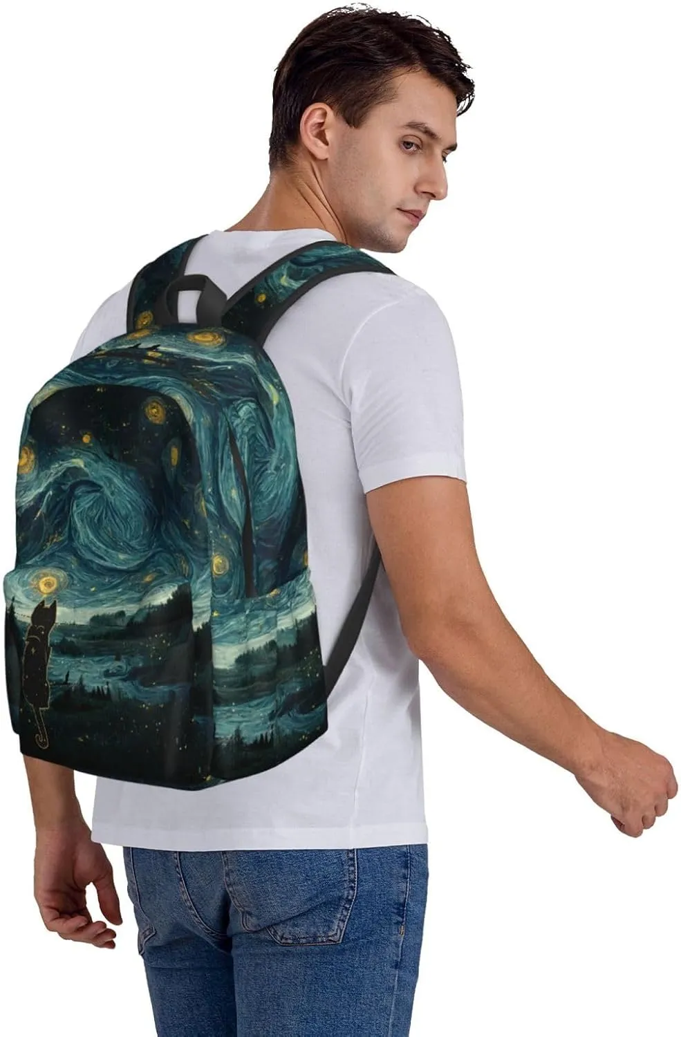 DEKIFNHG Black Cat Starry Night Backpack Casual Sports Bookbag School Laptop Backpack for Students Boys Girls