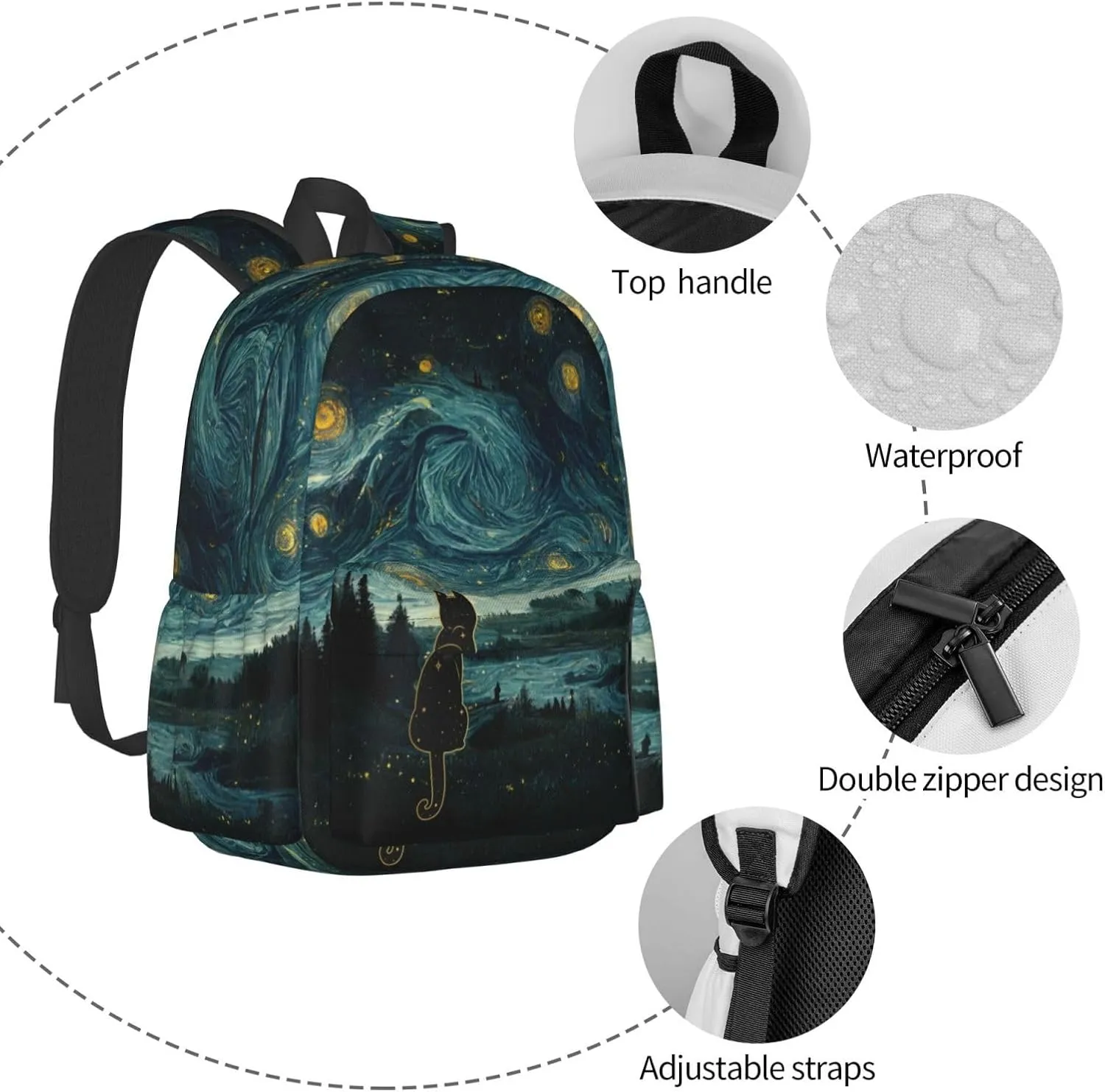 DEKIFNHG Black Cat Starry Night Backpack Casual Sports Bookbag School Laptop Backpack for Students Boys Girls