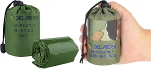 Delmera Emergency Sleeping Bag, Lightweight Survival Sleeping Bags Waterproof Thermal Emergency Blanket, Bivy Sack Survival Gear for Outdoor Adventure, Camping, Hiking, Orange, Green&Camouflage