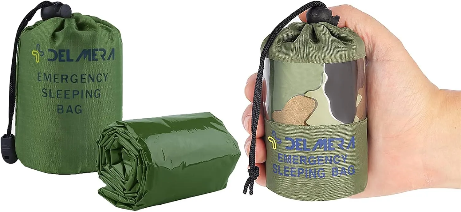 Delmera Emergency Sleeping Bag, Lightweight Survival Sleeping Bags Waterproof Thermal Emergency Blanket, Bivy Sack Survival Gear for Outdoor Adventure, Camping, Hiking, Orange, Green&Camouflage