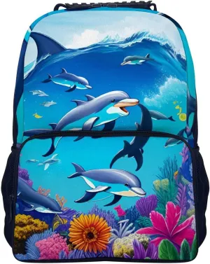 Dolphins Sea Underwater Beautiful Sea World Art Rucksacks Lightweight Multipurpose Anti-Theft Shoulder Bag Big Capacity Traveling & Camping Backpack With Side Pockets