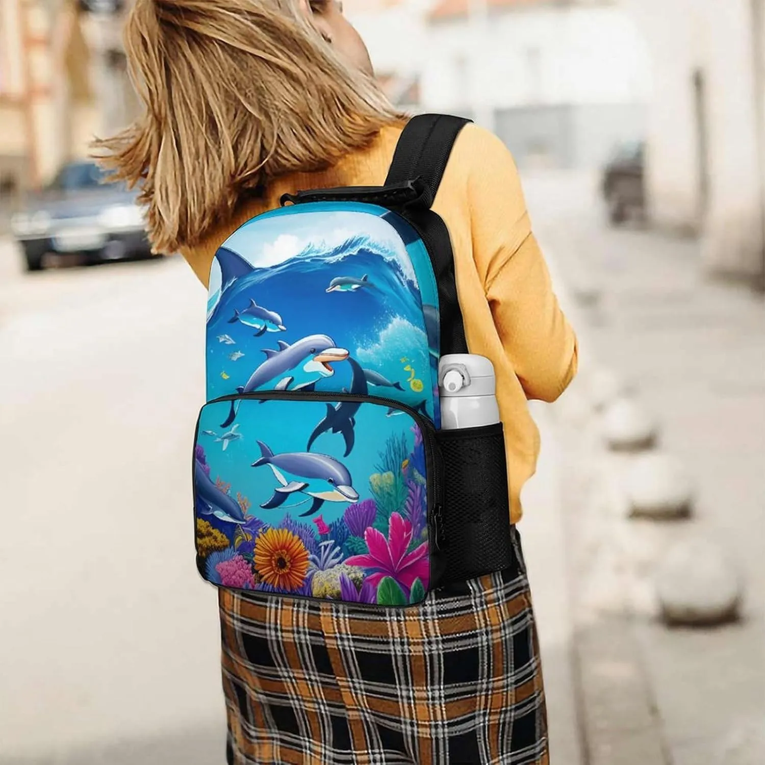 Dolphins Sea Underwater Beautiful Sea World Art Rucksacks Lightweight Multipurpose Anti-Theft Shoulder Bag Big Capacity Traveling & Camping Backpack With Side Pockets