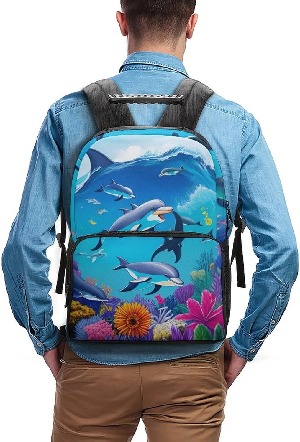 Dolphins Sea Underwater Beautiful Sea World Art Rucksacks Lightweight Multipurpose Anti-Theft Shoulder Bag Big Capacity Traveling & Camping Backpack With Side Pockets
