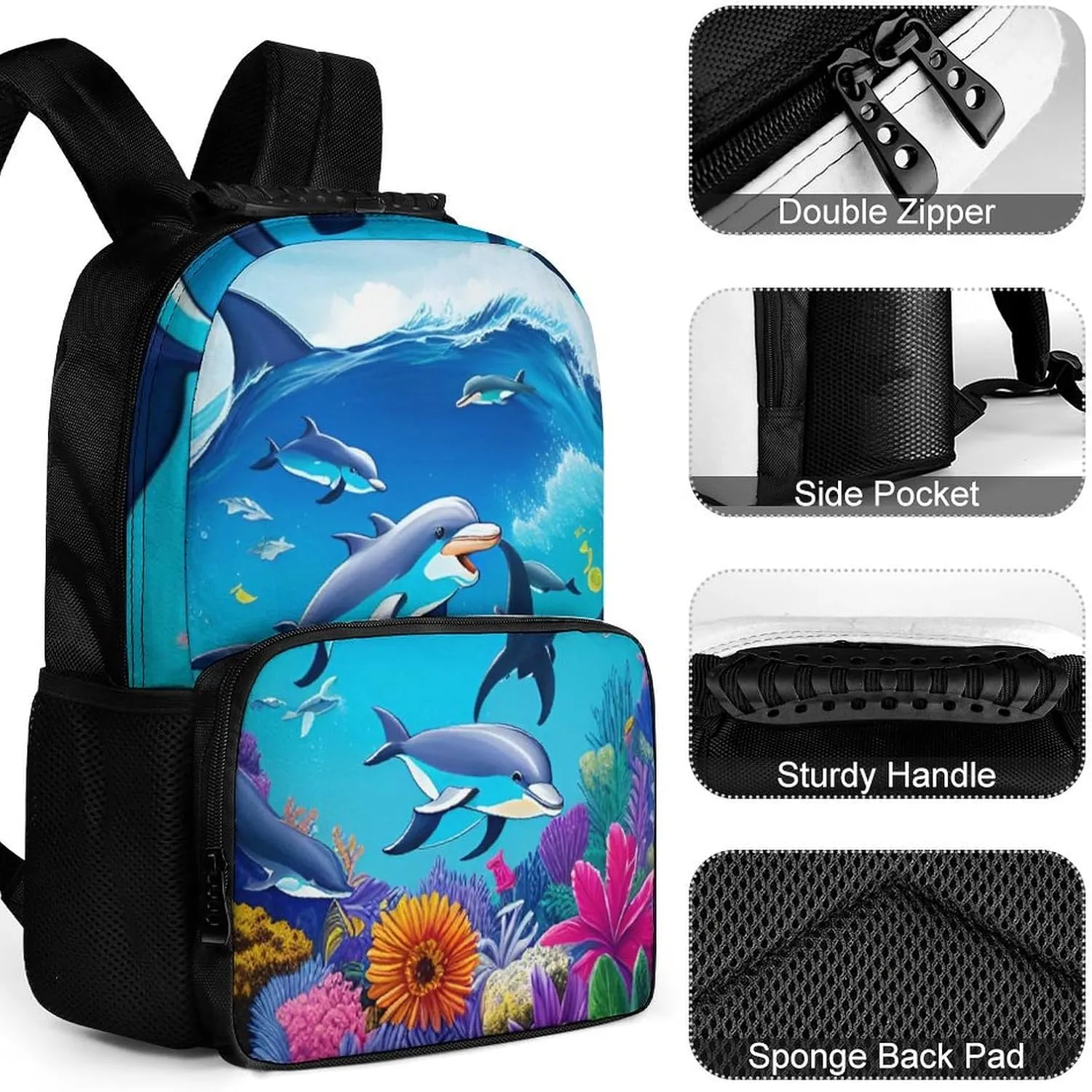 Dolphins Sea Underwater Beautiful Sea World Art Rucksacks Lightweight Multipurpose Anti-Theft Shoulder Bag Big Capacity Traveling & Camping Backpack With Side Pockets