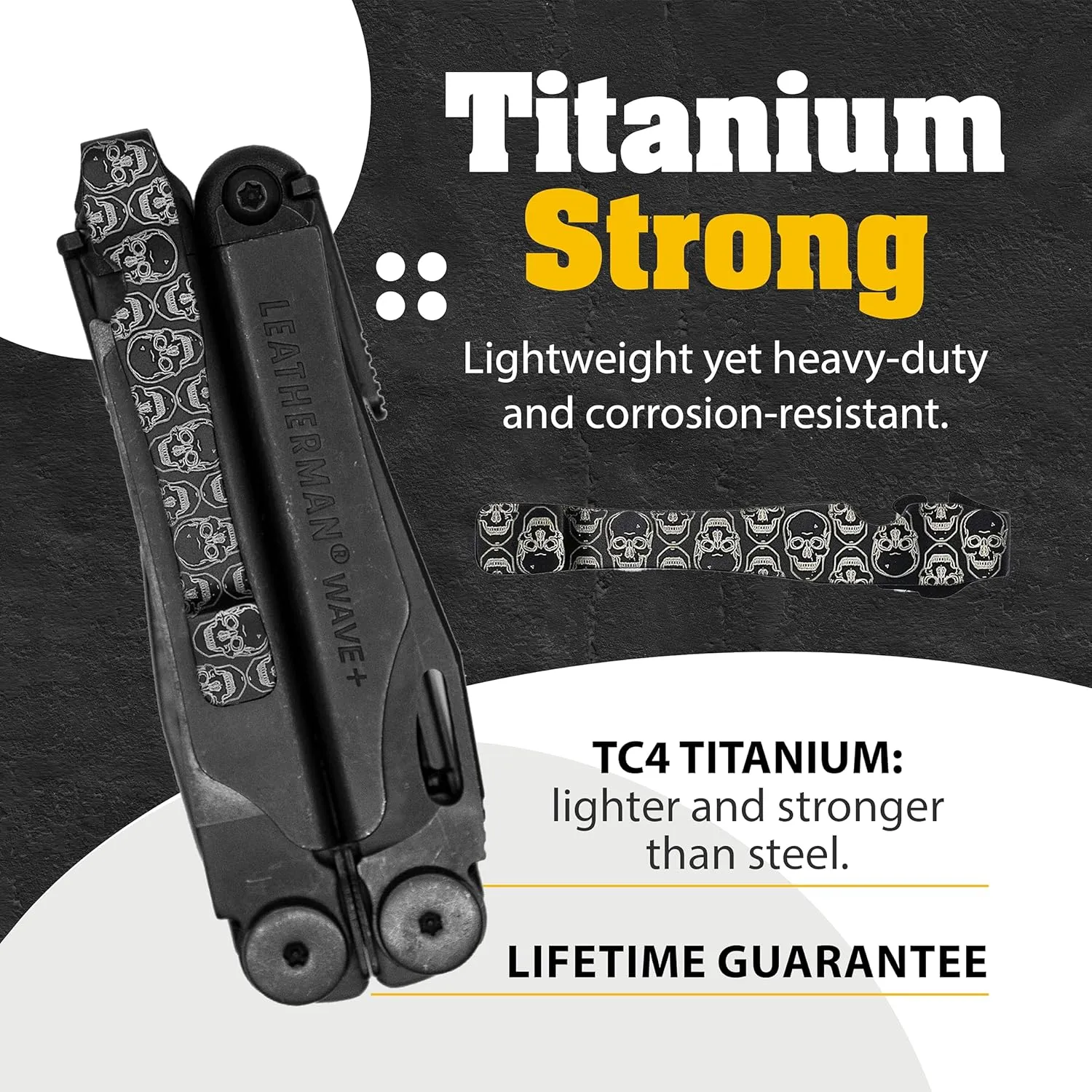 Donk! Pocket Clip for Leatherman Wave, Wave Plus , Surge & Charge AL, ALX, Ti, XTi - Titanium TC4 - Custom Designs - Quick Release - Extra Carry Options 'Numb Skulls Dark’