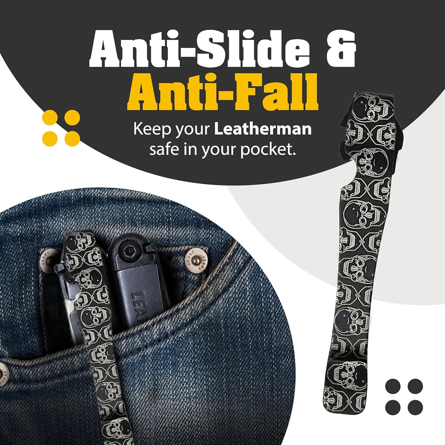 Donk! Pocket Clip for Leatherman Wave, Wave Plus , Surge & Charge AL, ALX, Ti, XTi - Titanium TC4 - Custom Designs - Quick Release - Extra Carry Options 'Numb Skulls Dark’
