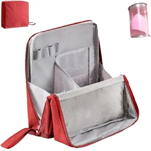 Doresty Makeup Bag, Large Capacity Standing Make up Bags, Multifunctional Waterproof Cosmetic Organizer, Multi-purpose Portable Oxford Handbag with Compartments for Travel Work Home(Red)