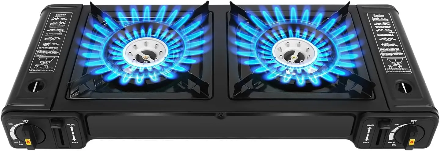 Double Burner Butane Stove, Butane Camping Stove 2 Burner with Grill Tray Kit Butanes Stoves Portable Butanes Camping Stoves for Camping, BBQ, Home