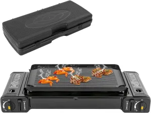 Double Burner Butane Stove, Butane Camping Stove Kit with Carrying Case& Grill Tray, Portable Auto Ignition Camping Burner for RV, Apartments, Outdoor