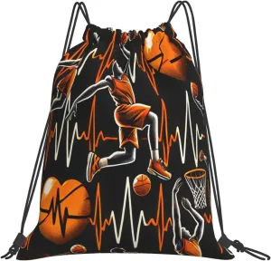 Drawstring Travel Backpack Orange Basketball Dunk Heartbeat Sports Gym Bag For Swimming,Beach