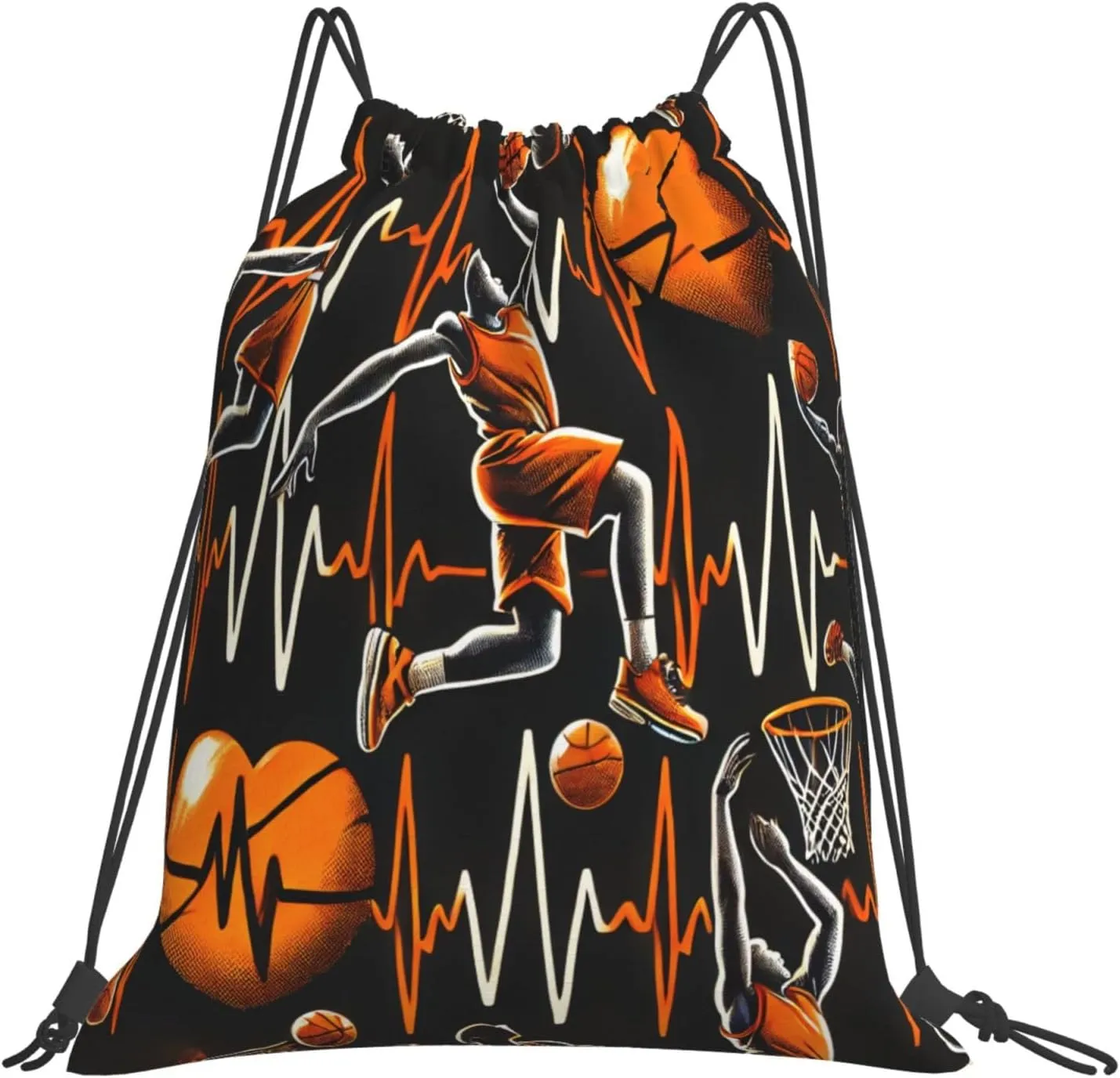 Drawstring Travel Backpack Orange Basketball Dunk Heartbeat Sports Gym Bag For Swimming,Beach
