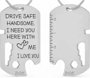 Drive Safe Handsome Keychain Multi Tool | 6-in-1 Stainless Steel EDC Gift for Him | Wrench, Ruler, Bit Driver, Bottle Opener, Wire Stripper & Bender