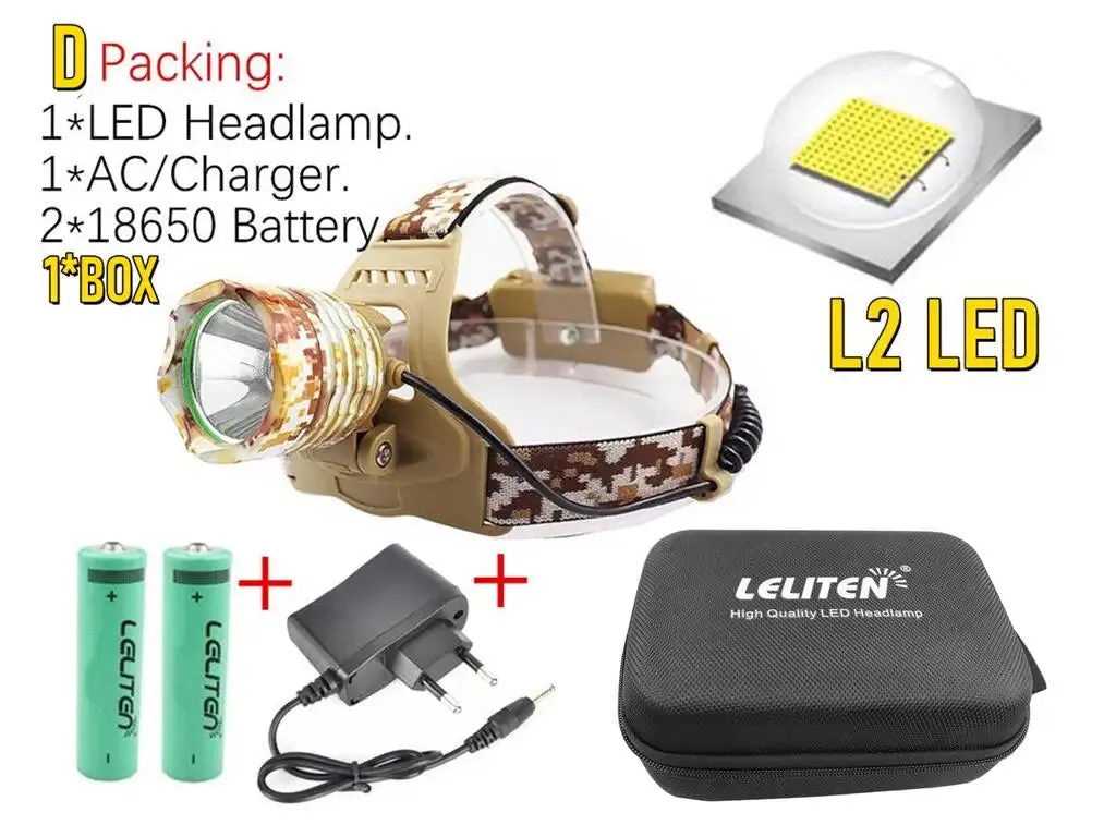 Drop Shipping ZOOM Headlamp XML-T6/L2 LED Headlamp Fishing Headlight Hunting light Camping Torch lantern Flashlight