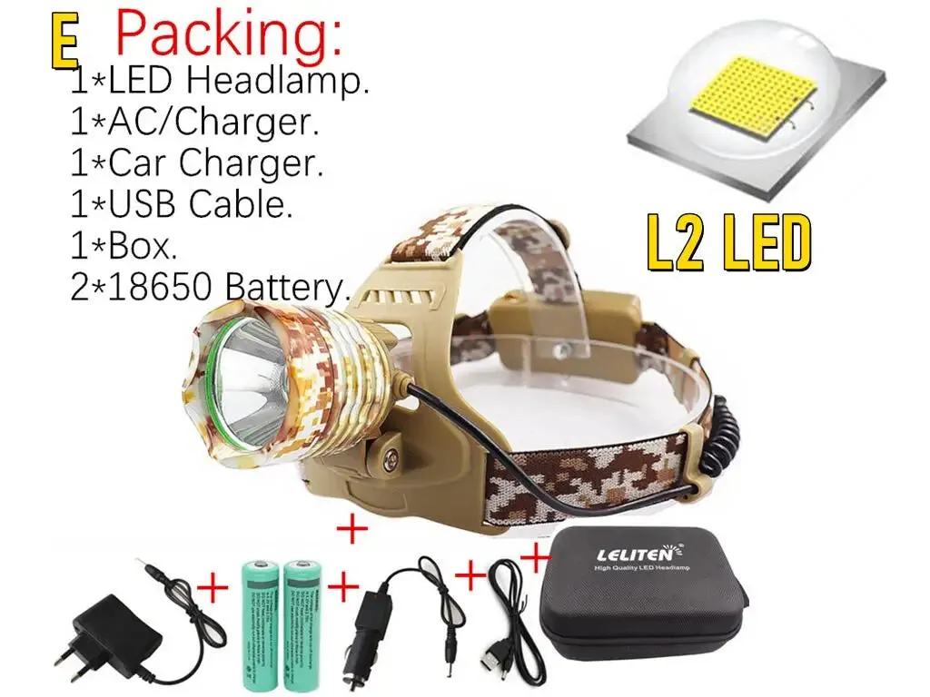 Drop Shipping ZOOM Headlamp XML-T6/L2 LED Headlamp Fishing Headlight Hunting light Camping Torch lantern Flashlight