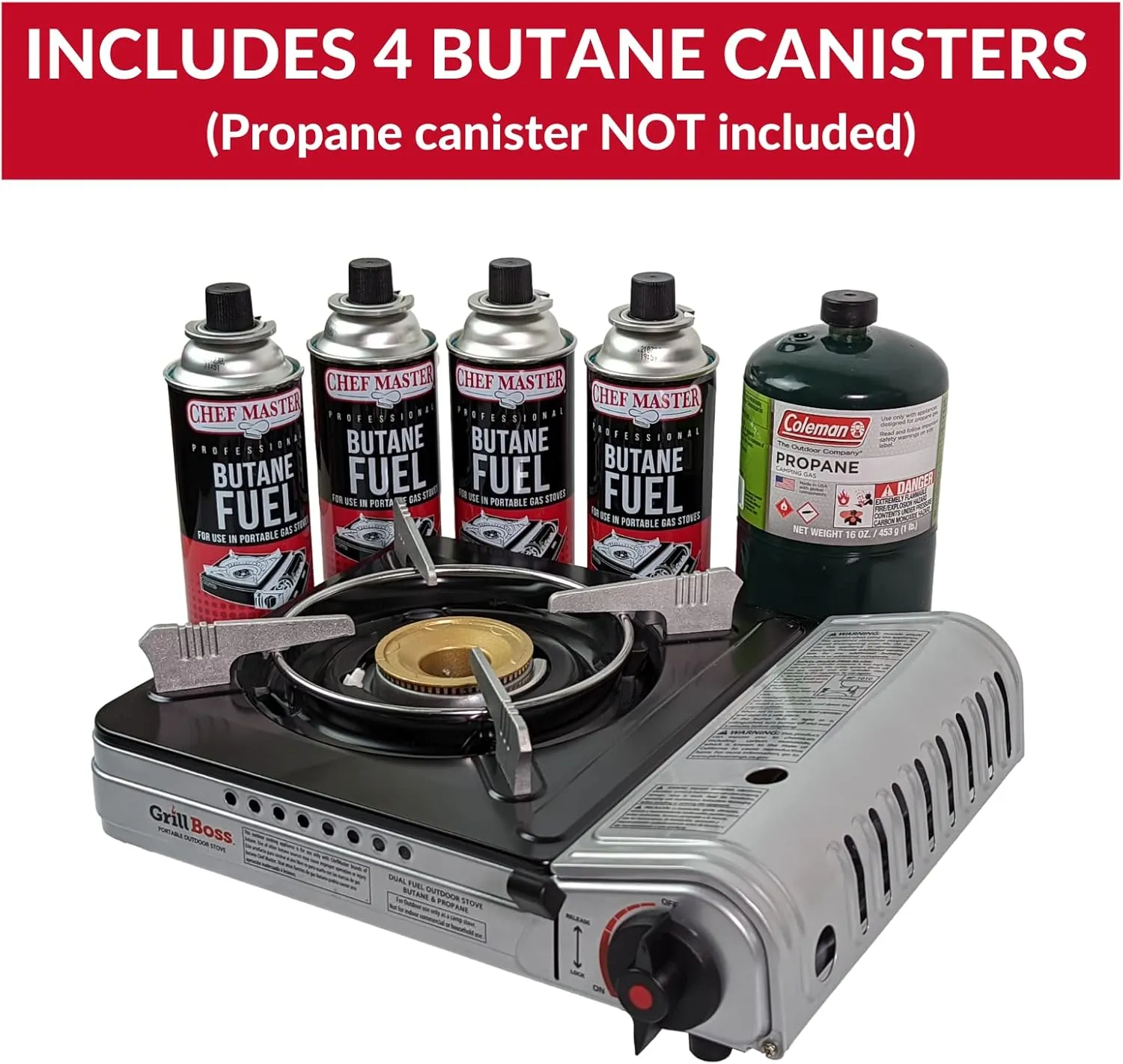 Dual Fuel Portable Stove Combo, Dual Fuel Butane & Propane Stove, 12K BTU Portable Camping Stoves w/ 4 x 8 oz. Butane Tin Canister for Camping, Emergencies & Outdoor Cooking, Grill by Grill Boss 90057