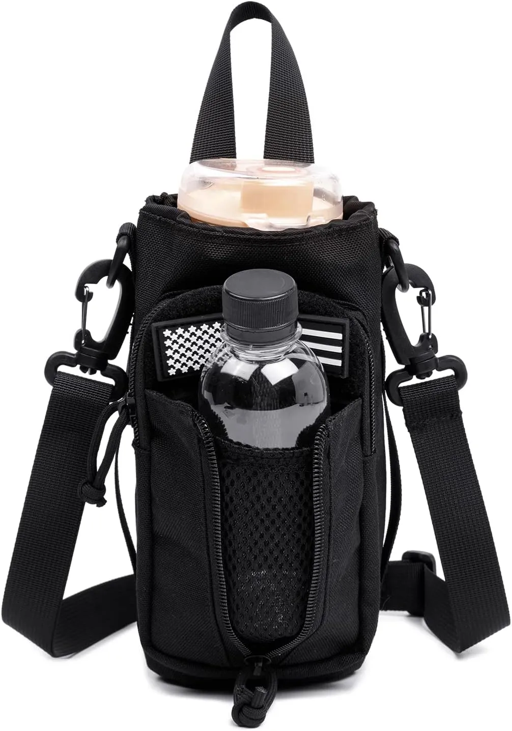 Dual Tactical Molle Water Pouch, Tactical Bottle Holder Storage Bag for 32oz Carrier,Drawstring Open Top & Zipper Open Front, Travel Water Bottle Bag with Shoulder Strap and Patch