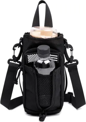 Dual Tactical Molle Water Pouch, Tactical Bottle Holder Storage Bag for 32oz Carrier,Drawstring Open Top & Zipper Open Front, Travel Water Bottle Bag with Shoulder Strap and Patch