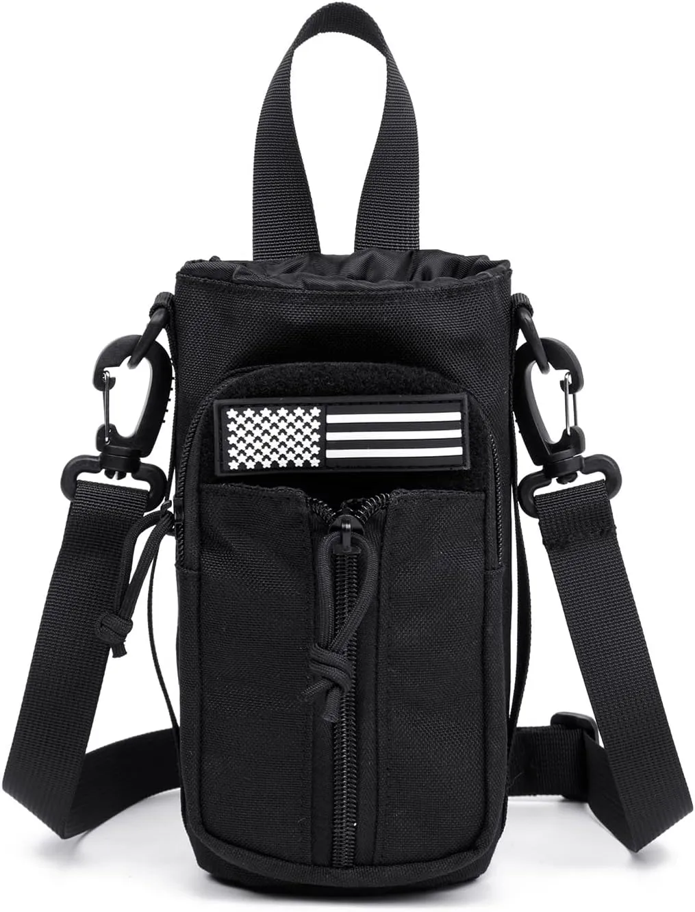 Dual Tactical Molle Water Pouch, Tactical Bottle Holder Storage Bag for 32oz Carrier,Drawstring Open Top & Zipper Open Front, Travel Water Bottle Bag with Shoulder Strap and Patch