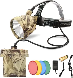 DUMPMAN Camo Coon Hunting Lights Headlamp for Coyotes Hog Predators, Rechargeable & Waterproof, 6 Lighting Modes, 4 Powerful LEDs (White Red Green Amber) Night Working