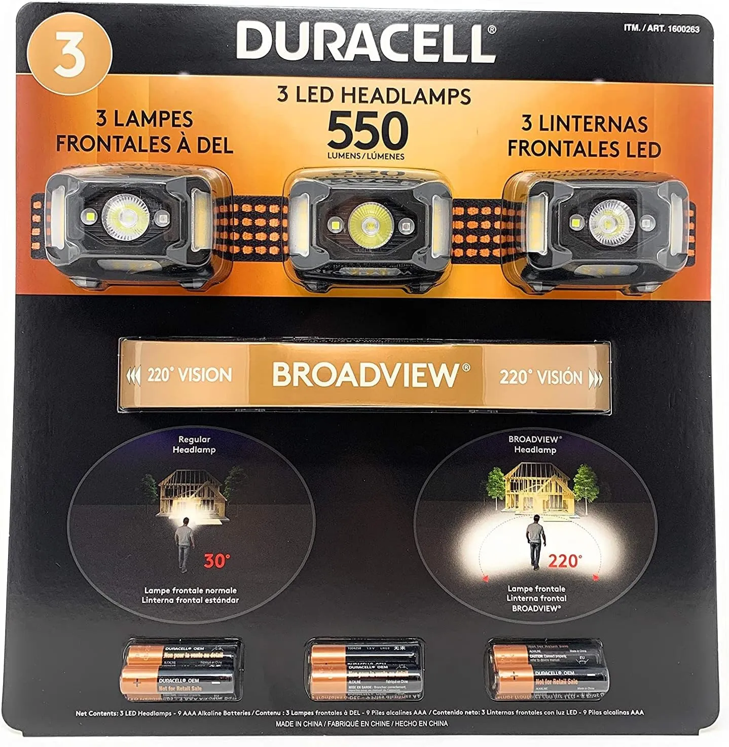 Duracell 1600263/550 Lumens LED Headlamps 3 Pieces / 3 PACK HEADLIGHTS 9 MODES