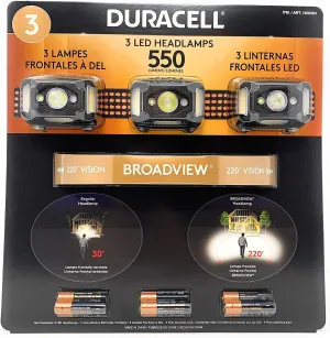 Duracell 1600263/550 Lumens LED Headlamps 3 Pieces / 3 PACK HEADLIGHTS 9 MODES