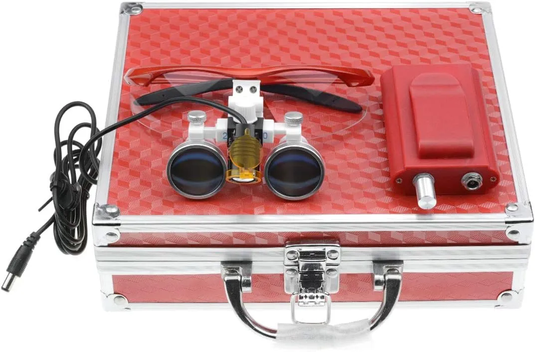 DY-004 2.5X 420mm Working Distance Optical Glass Surgical Binocular Loupes and LED Head Light Lamp with Filter Aluminum Box (Red)