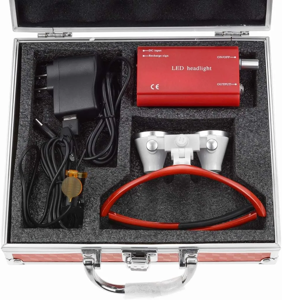 DY-004 2.5X 420mm Working Distance Optical Glass Surgical Binocular Loupes and LED Head Light Lamp with Filter Aluminum Box (Red)