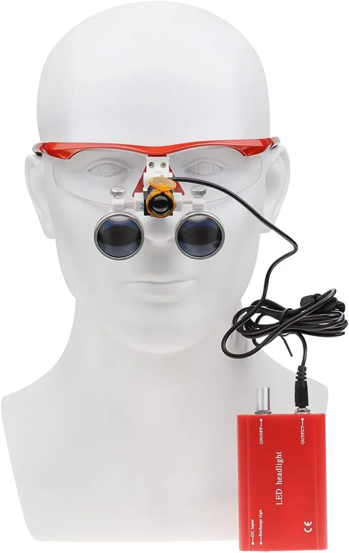 DY-004 2.5X 420mm Working Distance Optical Glass Surgical Binocular Loupes and LED Head Light Lamp with Filter Aluminum Box (Red)