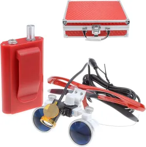 DY-004 2.5X 420mm Working Distance Optical Glass Surgical Binocular Loupes and LED Head Light Lamp with Filter Aluminum Box (Red)