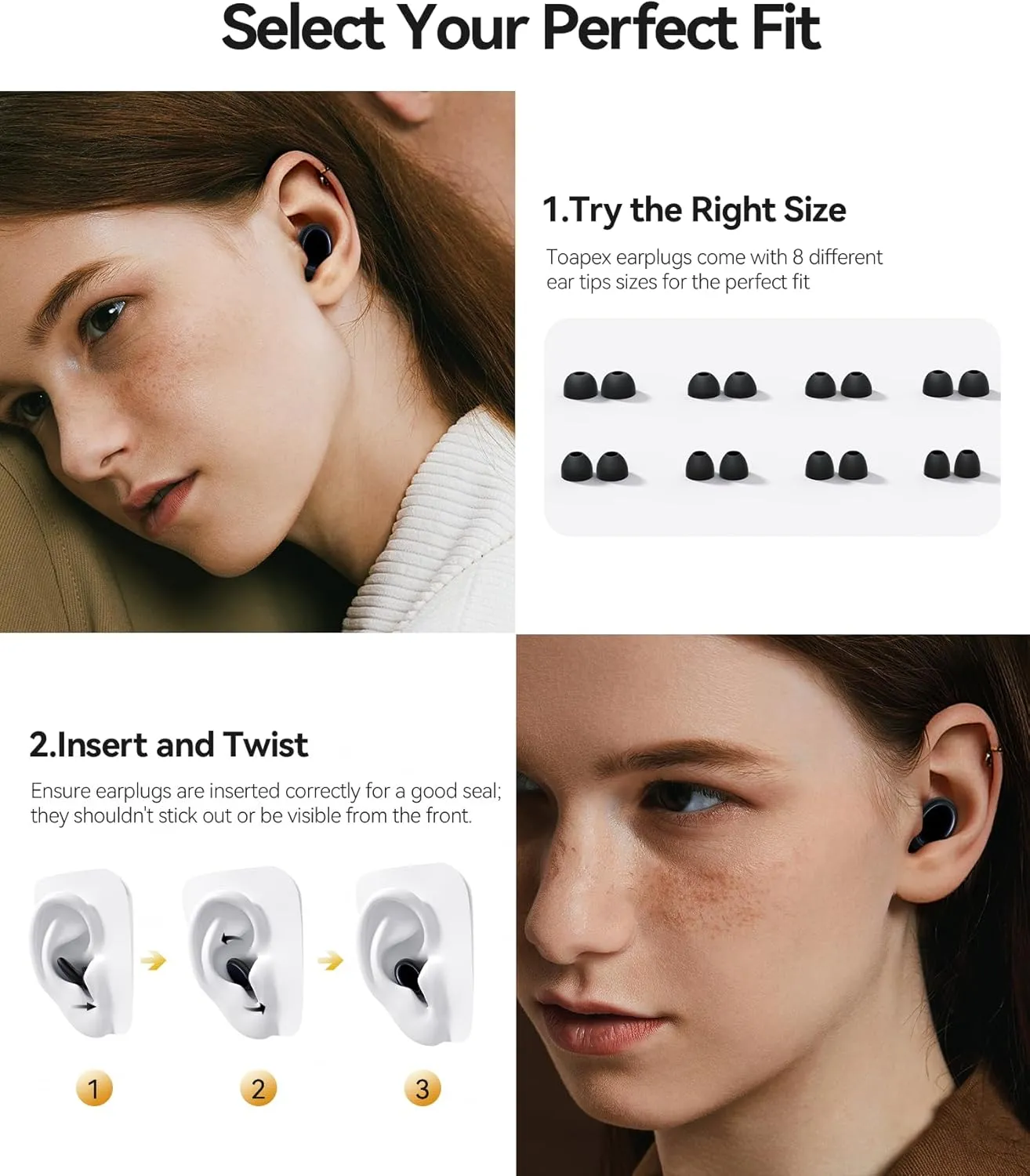 Ear Plugs for Sleeping, 45dB Ear Plugs for Noise Reduction, Reusable Noise Cancelling Ear Plugs for Concerts, Motorcycle, Travel - Silicone Hearing Protection Earplugs with 8 Eartips & Case Black