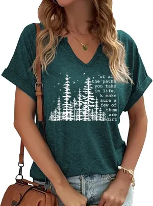 Earlymemb Womens Vintage Flowers V Neck Shirt Boho Floral Wildflowers Graphic Tee Casual Cottagecore Short Sleeve T Shirt