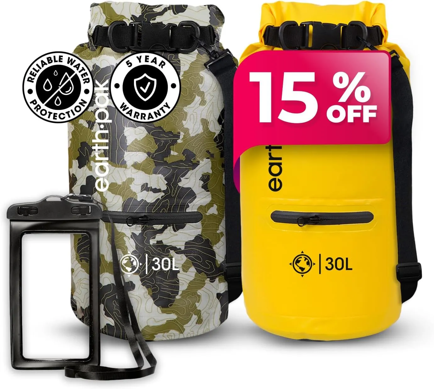Earth Pak Waterproof Dry Bag with Zippered Pocket - Waterproof Dry Bag Backpack Keeps Gear Dry (30L Camo & 30L Yellow)