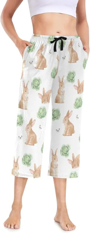 Easter Rabbits Cabbage Womens Capri Pajama Bottoms Soft Causal Pants Pjs Lightweight Sleepwear XXL