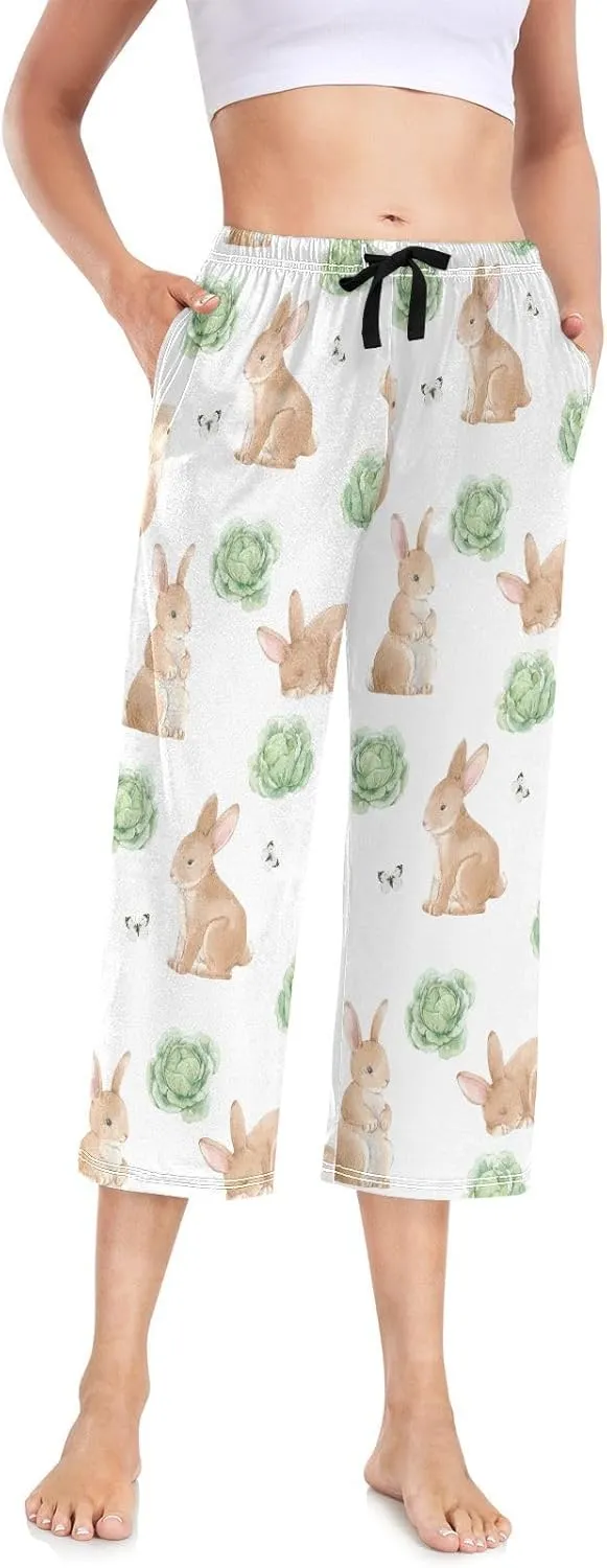 Easter Rabbits Cabbage Womens Capri Pajama Bottoms Soft Causal Pants Pjs Lightweight Sleepwear XXL