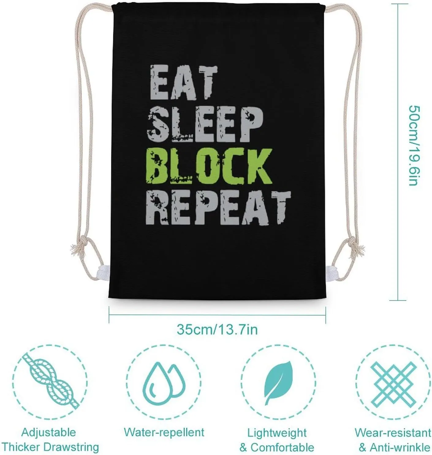 Eat Sleep Block Repeat Fashion Drawstring Backpack Waterproof Travel Sports Gym Bag Unisex