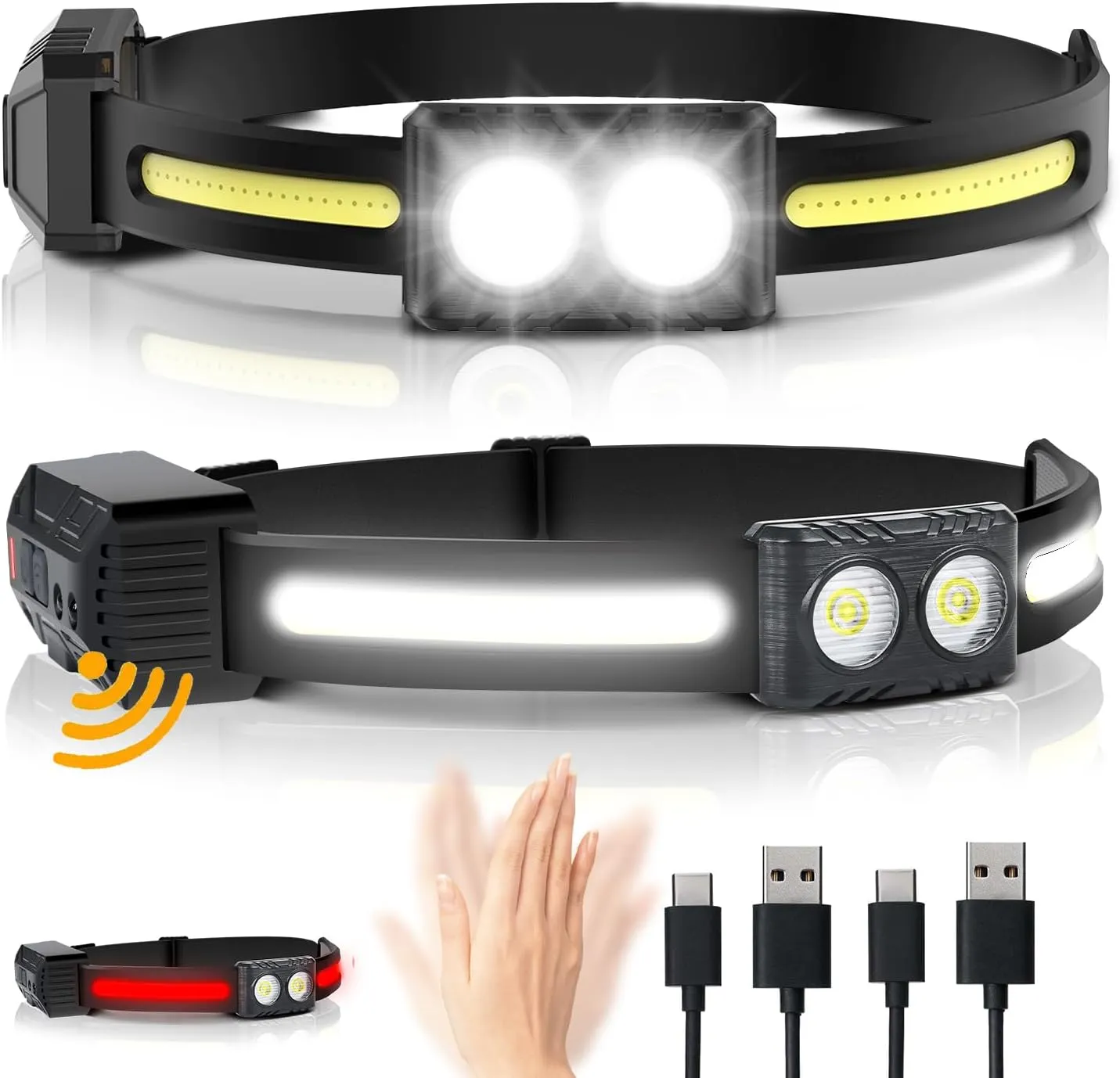 EGUKU Rechagreable Headlamp, 2Pack 1200Lumens 2COB Bright Head Lamp 260°Wide Beam Head Lamp 9 Light Modes Motion Sensor Red Headlamps Flashlight with Clips 3.8oz Lightweight for Hardhat Running Hiking