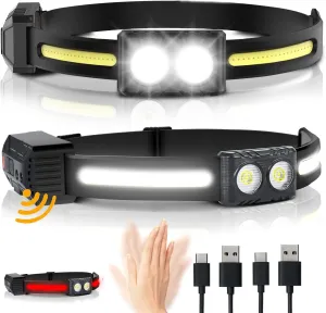 EGUKU Rechagreable Headlamp, 2Pack 1200Lumens 2COB Bright Head Lamp 260°Wide Beam Head Lamp 9 Light Modes Motion Sensor Red Headlamps Flashlight with Clips 3.8oz Lightweight for Hardhat Running Hiking