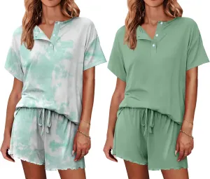 Ekouaer 2 Pack Womens Pajama Sets Short Sleeve Top with Shorts Soft Comfy Loungewear Sleepwear S-XXL
