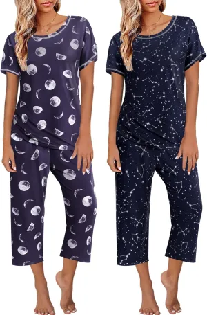 Ekouaer 2 Pack: Womens Pajamas Short Sleeve Sleepwear Tops and Capri Pants Pjs Print Pajama Sets
