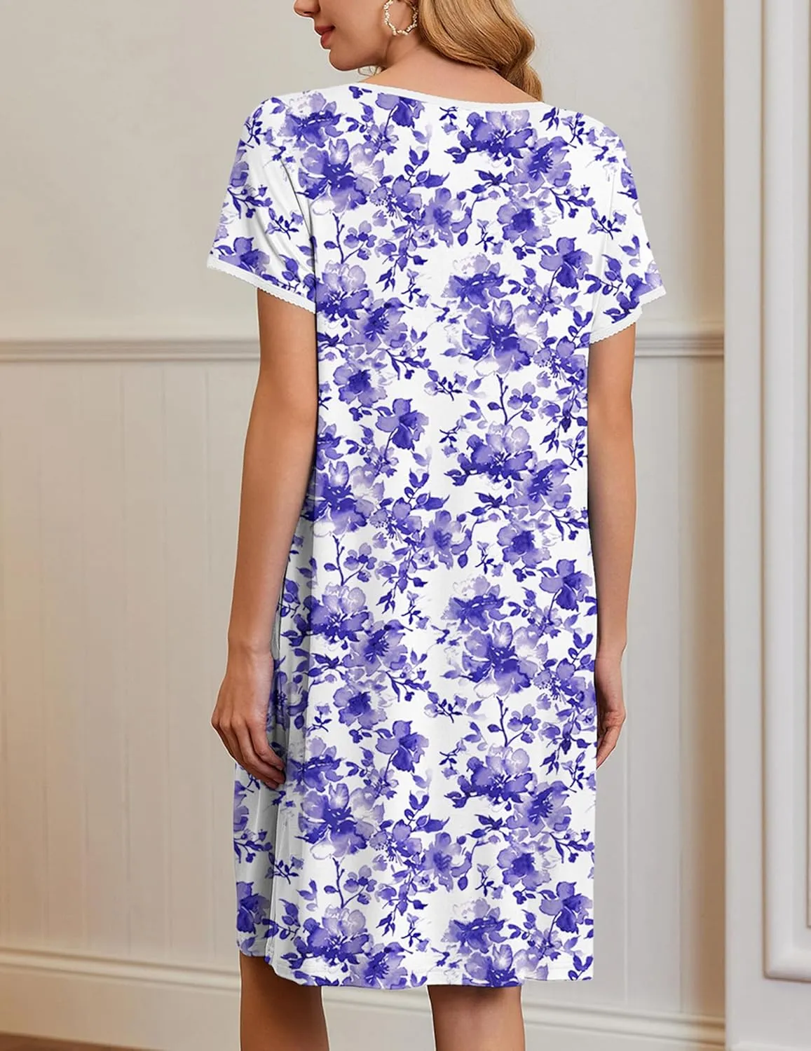 Ekouaer Moo Moos for Women Short Sleeve House Dresses with Pockets Pleated Mumu Dress Soft Nightgowns S-XXXL