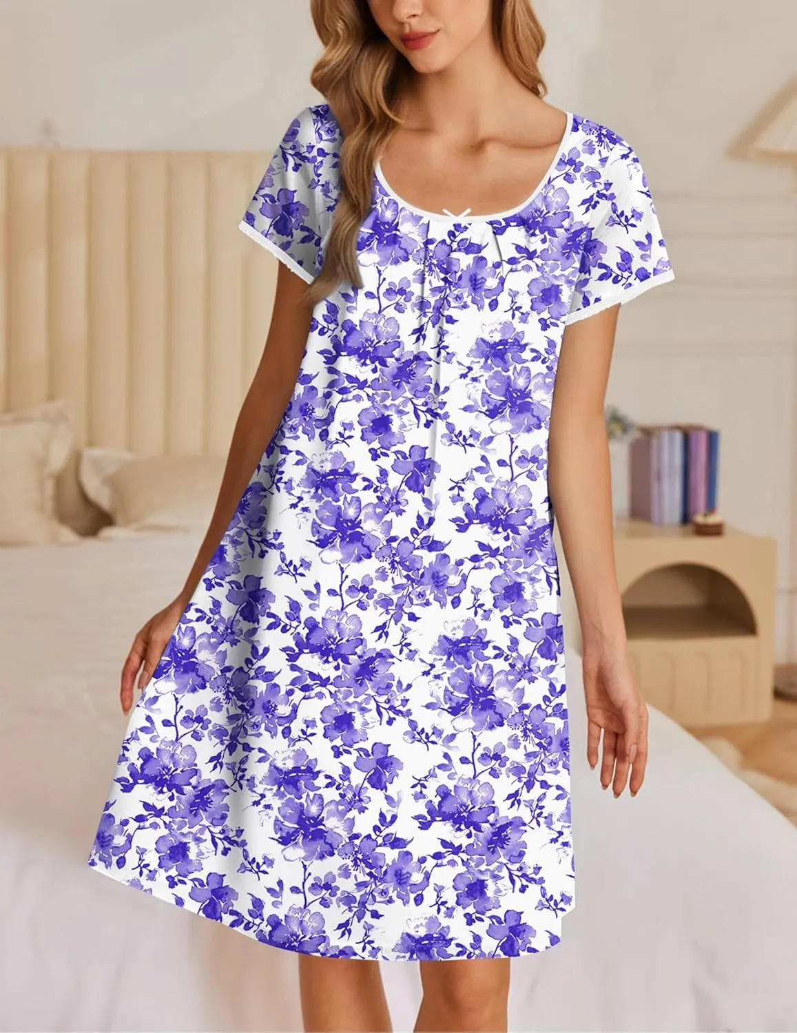 Ekouaer Moo Moos for Women Short Sleeve House Dresses with Pockets Pleated Mumu Dress Soft Nightgowns S-XXXL