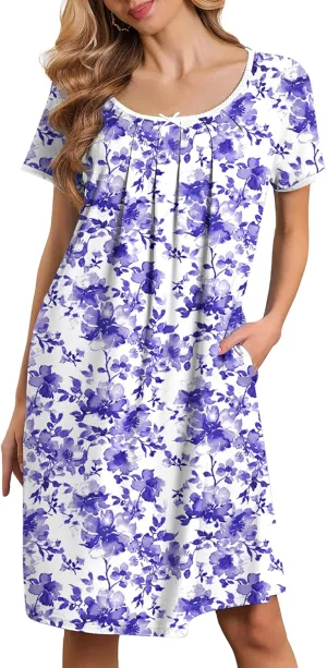 Ekouaer Moo Moos for Women Short Sleeve House Dresses with Pockets Pleated Mumu Dress Soft Nightgowns S-XXXL