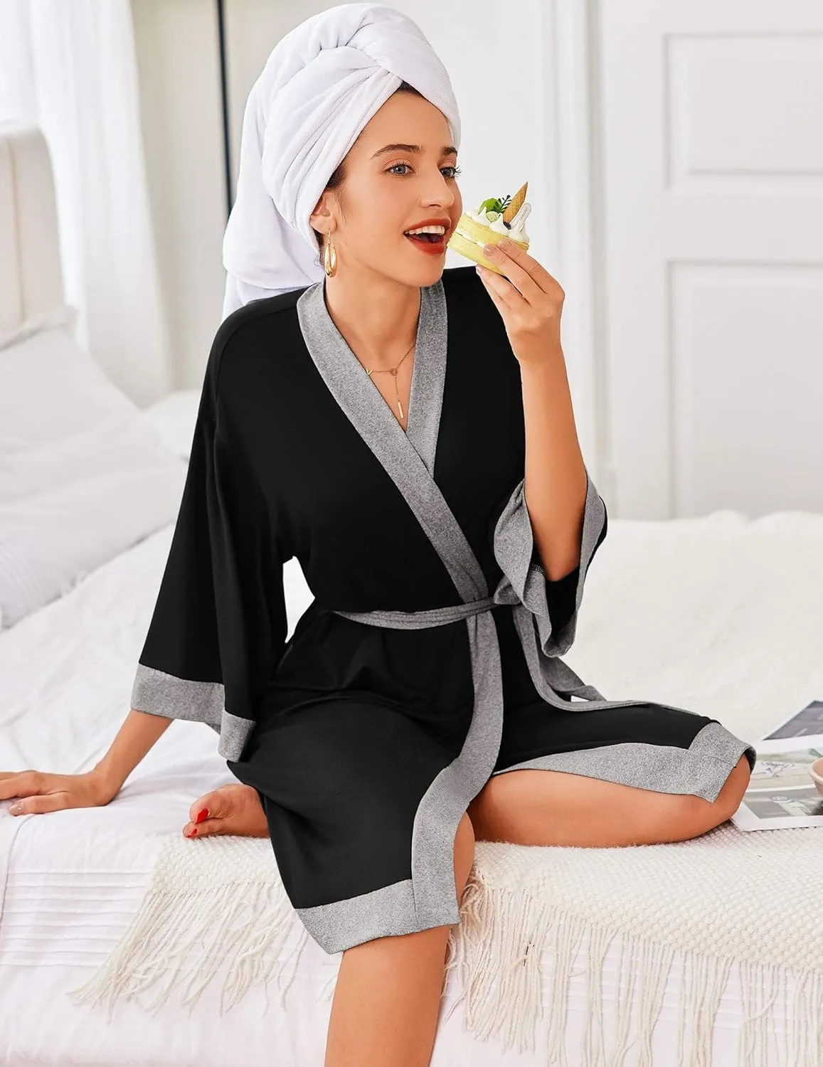 Ekouaer Robes for Women Knee Length Bathrobe Lightweight Kimono Robe 3/4 Sleeve Knit Sleepwear with Pockets