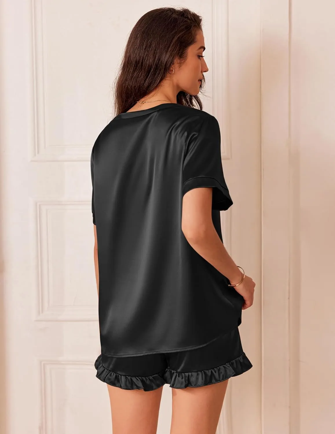 Ekouaer Satin Pajamas for Women Short Sleeve Silk Sleepwear 2 Piece Pjs Set with Ruffled Shorts Casual Loungewear