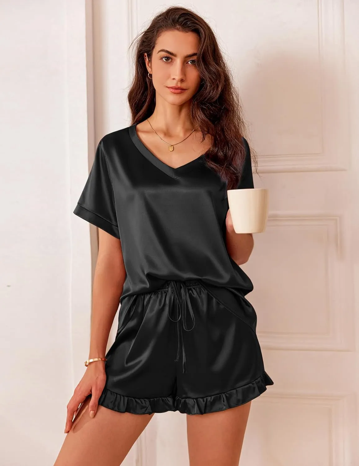 Ekouaer Satin Pajamas for Women Short Sleeve Silk Sleepwear 2 Piece Pjs Set with Ruffled Shorts Casual Loungewear